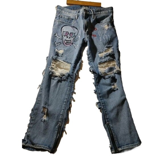 Denim Chaps Style Kendall Custom Cut Biker Jeans Distressed Custom VTG Hippie 27 - Picture 1 of 12